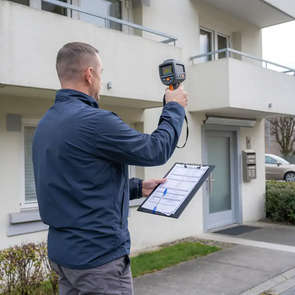Technicien utilisant un appareil de mesure devant un immeuble résidentiel.