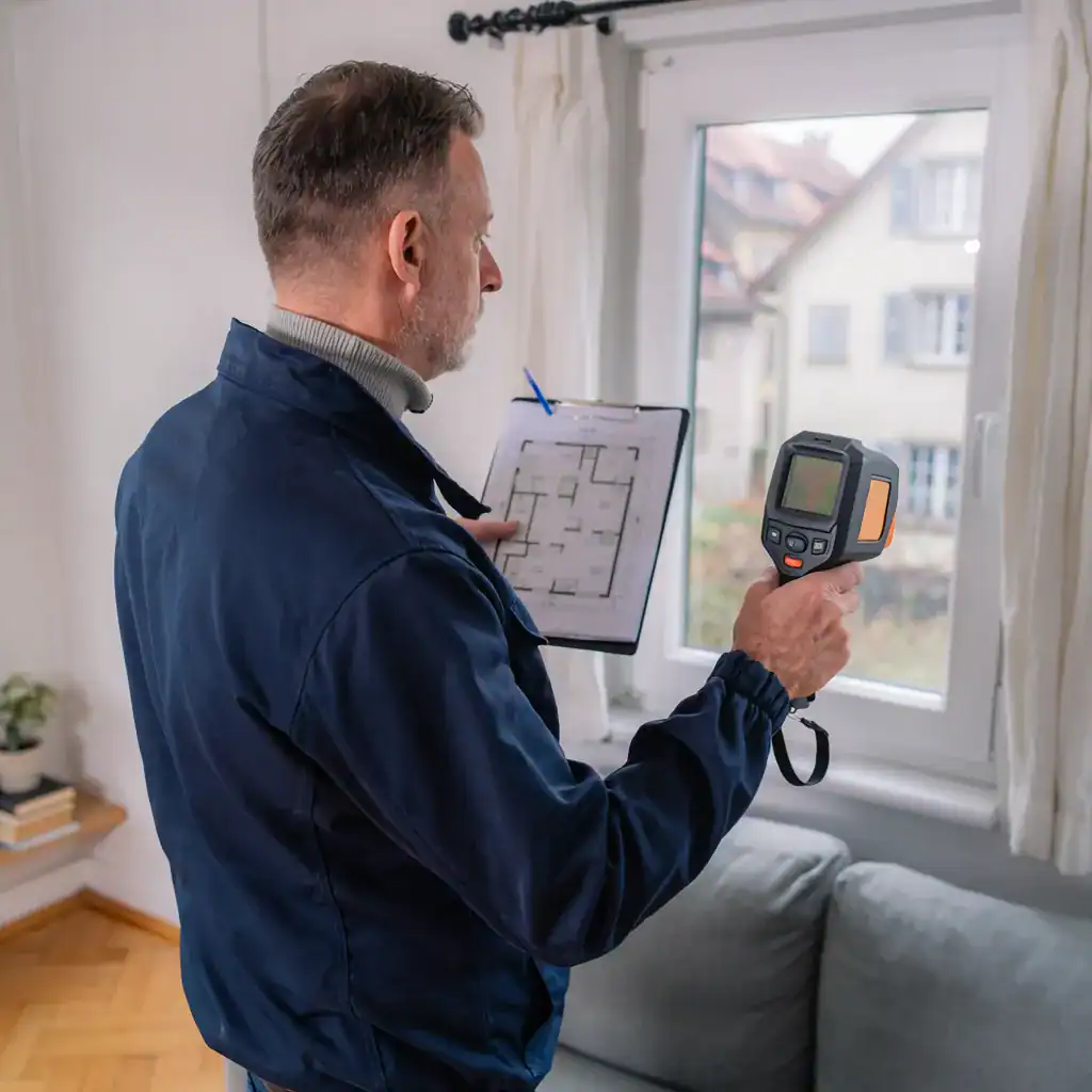 Technicien utilisant un thermomètre infrarouge devant une fenêtre.