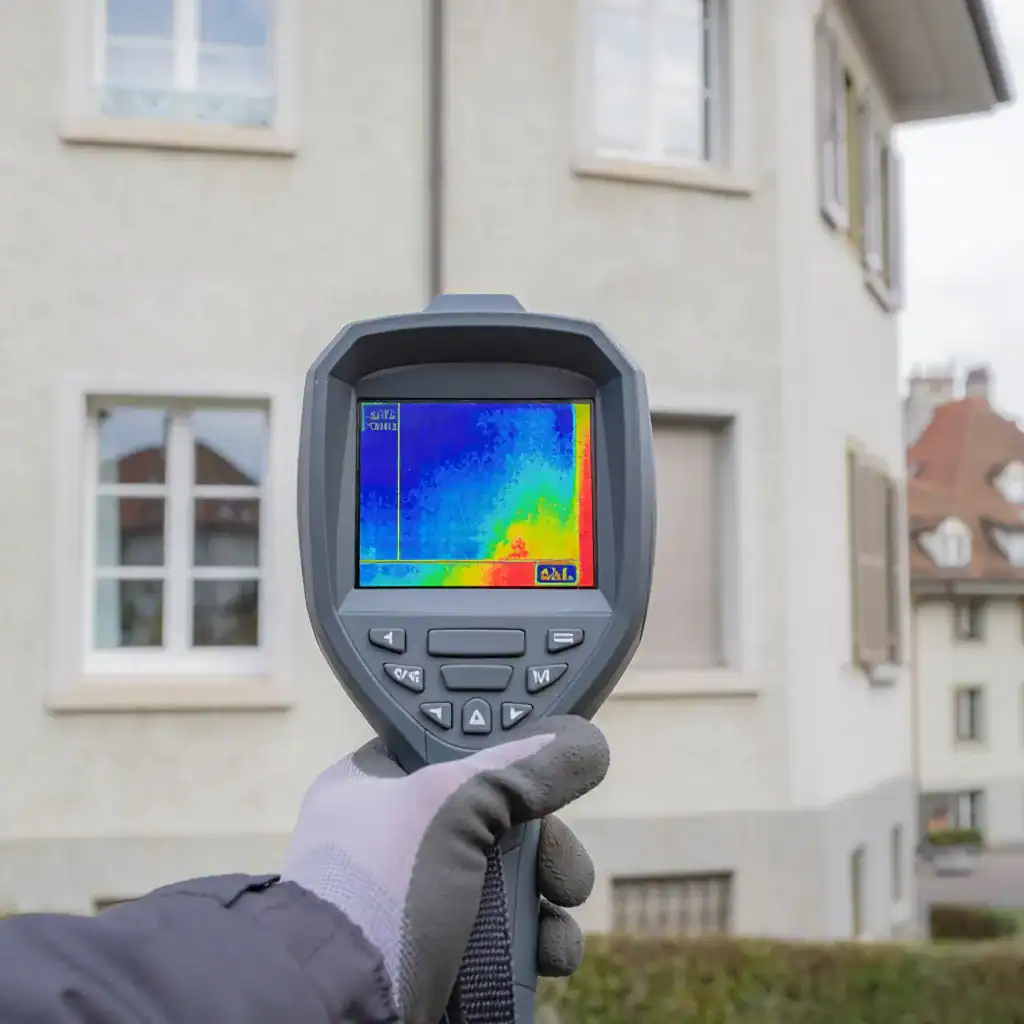 Appareil de thermographie thermique pointé vers un bâtiment résidentiel.