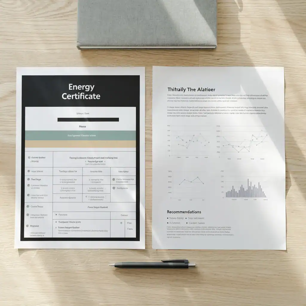 Certificat énergétique avec graphique et texte, document blanc et noir sur table en bois clair.