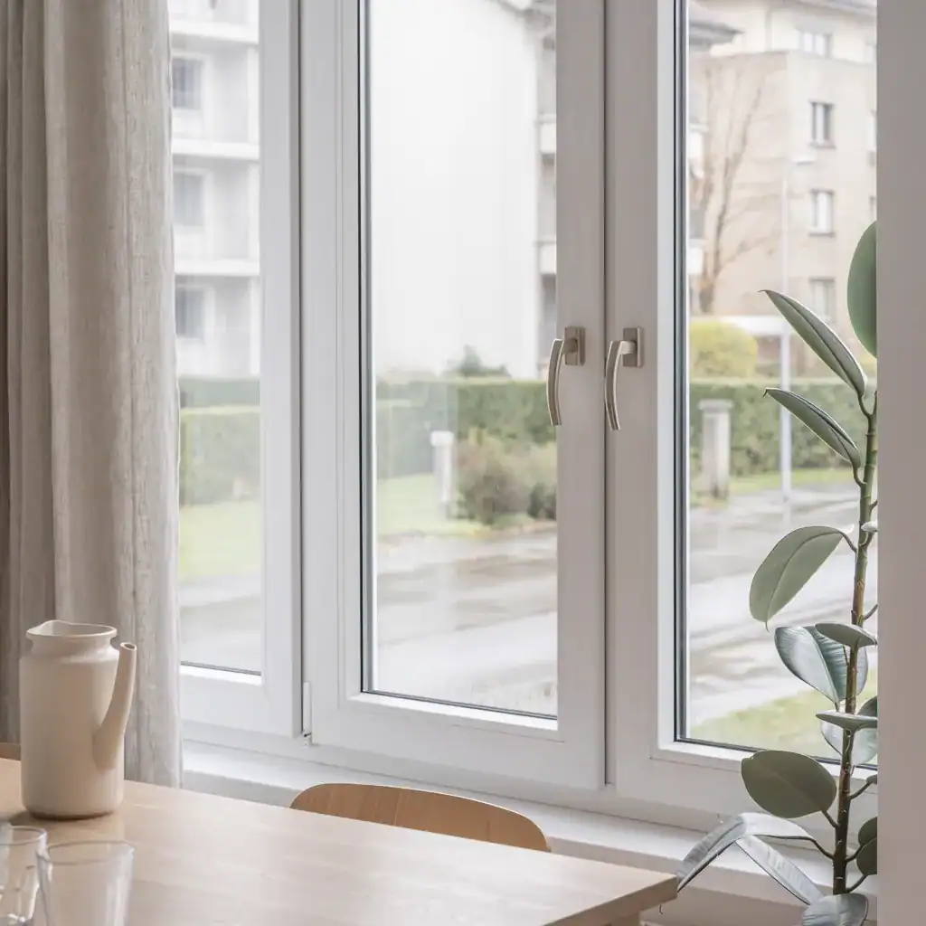 Fenêtre en PVC blanc avec double vitrage et poignée en métal.