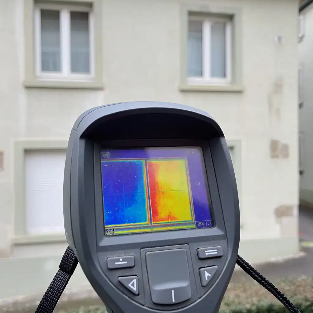 Caméra thermique montrant une façade avec déperditions de chaleur.