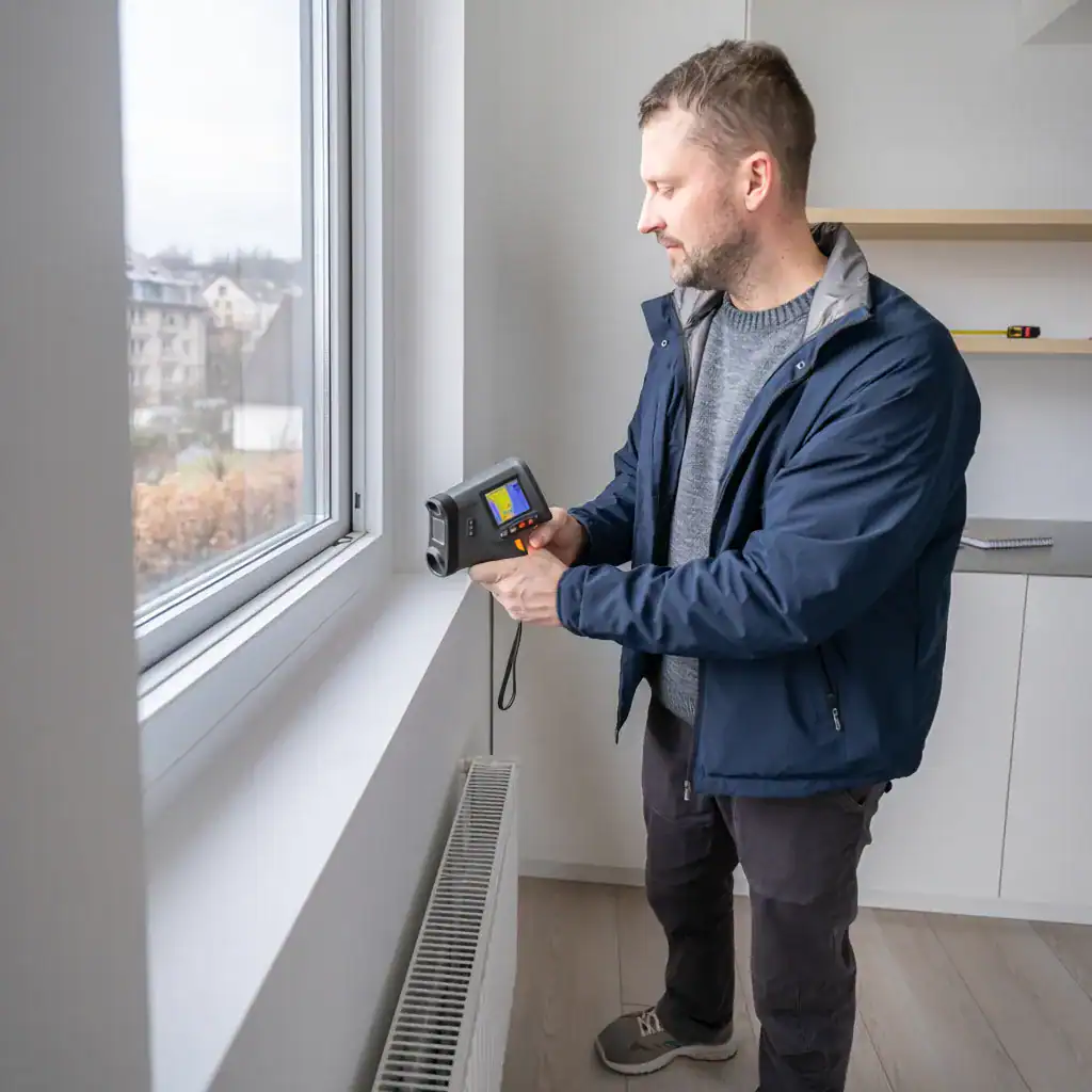 Homme utilisant un appareil de mesure près d'une fenêtre.