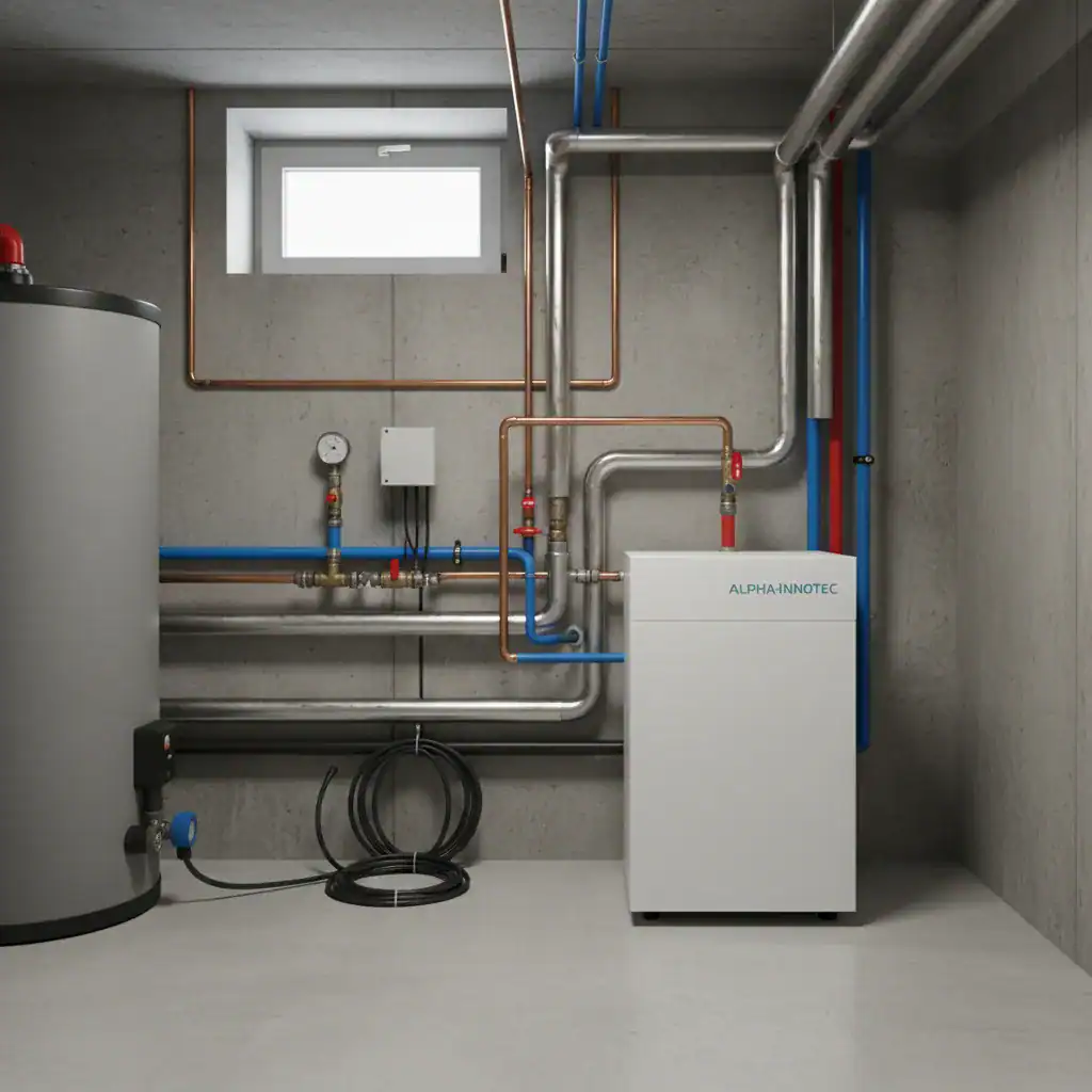 Système de chauffage avec tuyaux en cuivre et en acier inoxydable dans une pièce technique.