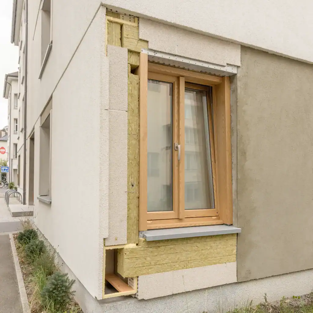 Fenêtre en bois avec cadre en bois naturel et double vitrage.