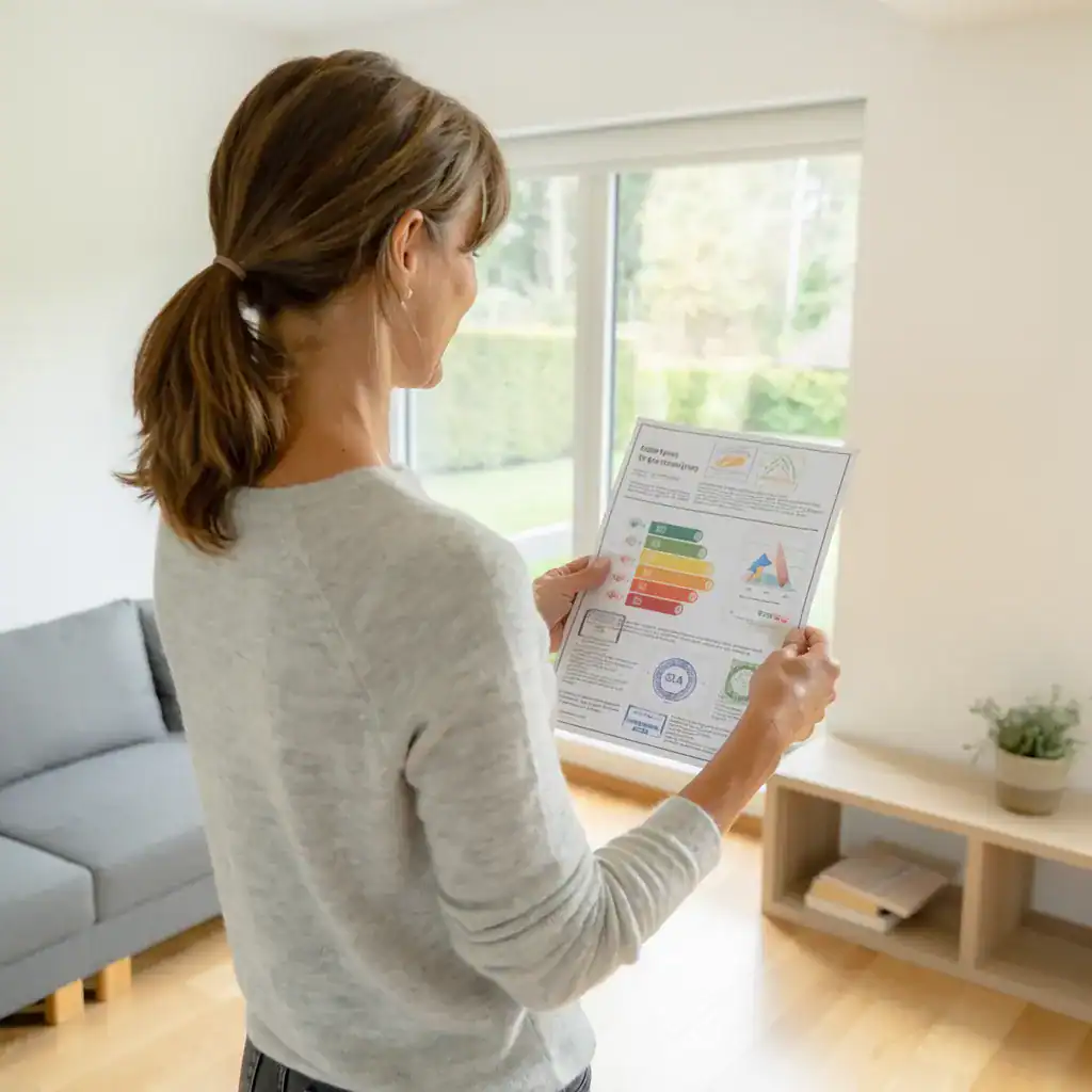 Femme regardant un rapport d'efficacité énergétique avec graphique coloré.