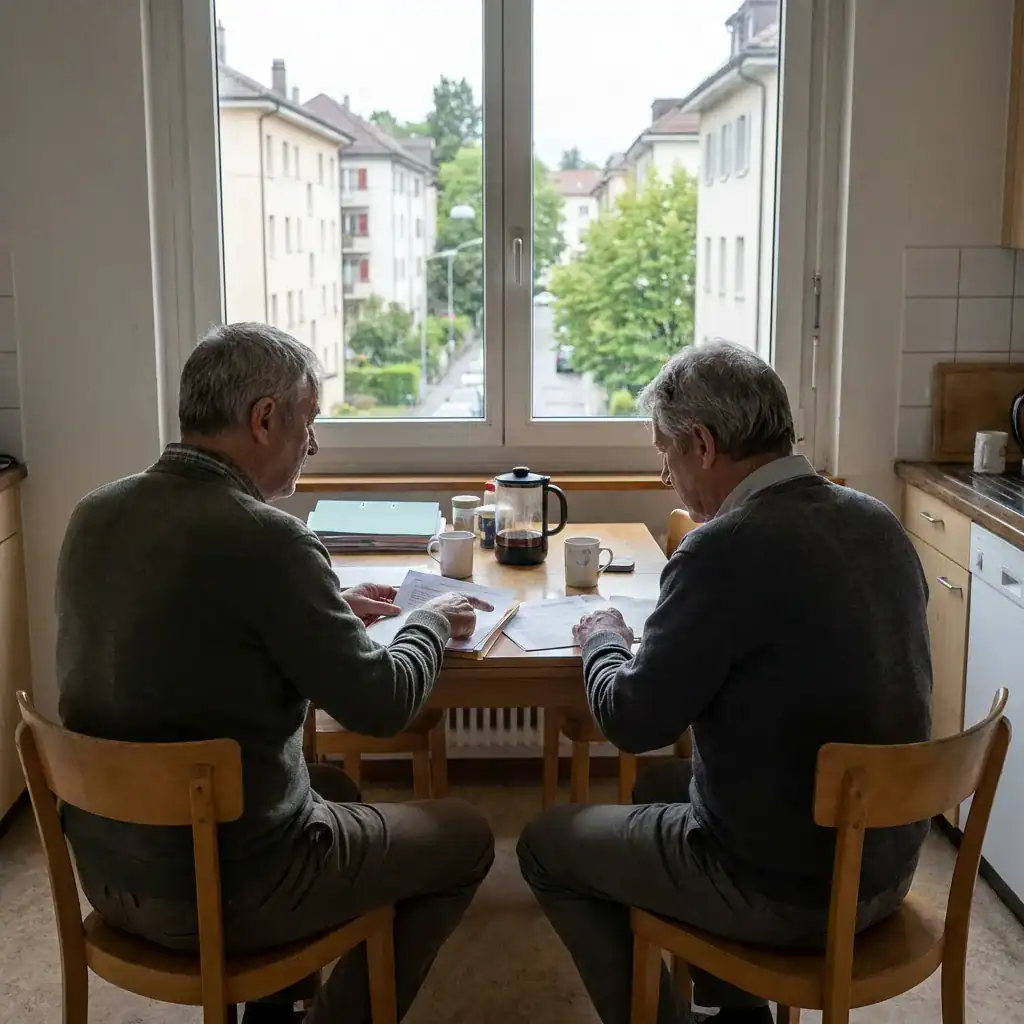 Deux personnes assises à une table près d'une fenêtre avec vue sur des bâtiments et des arbres.