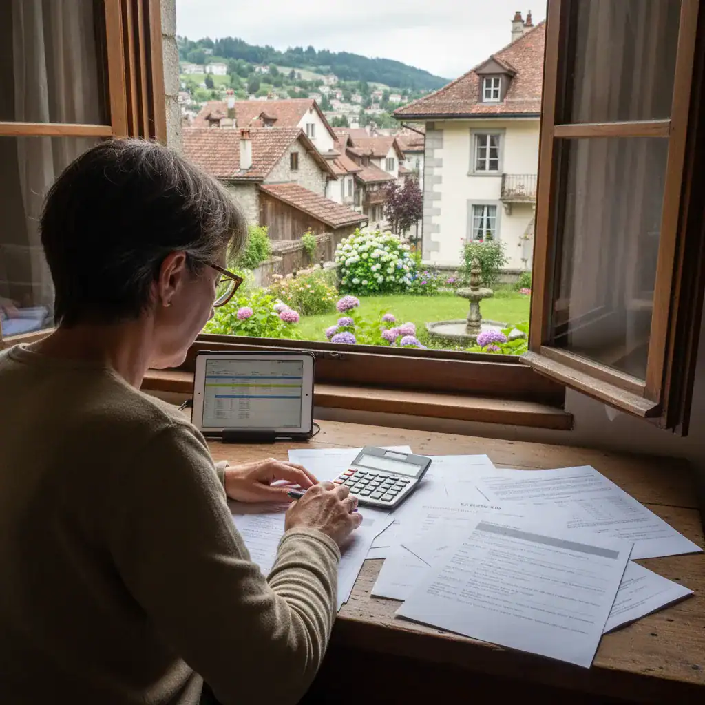 Femme examinant des documents avec calculatrice et ordinateur portable près d'une fenêtre ouverte.