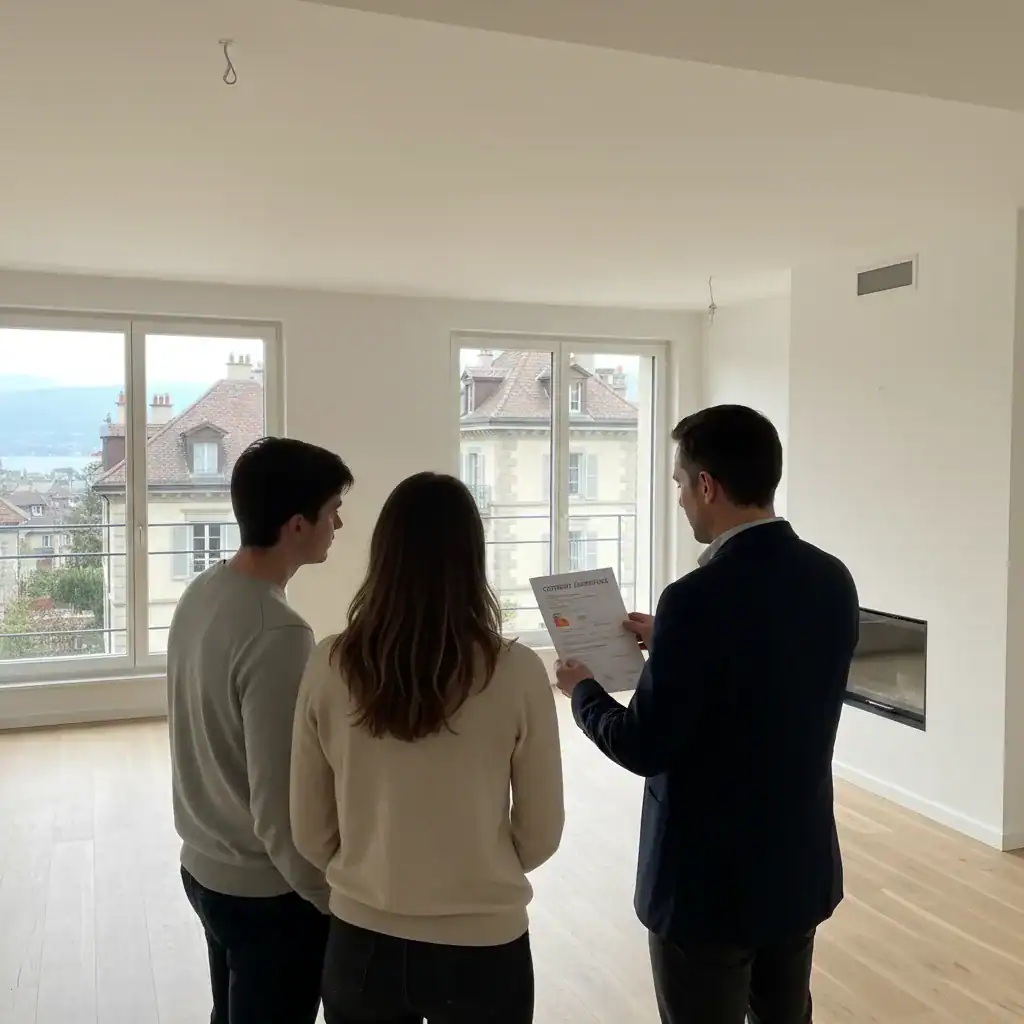 Trois personnes discutent dans un appartement lumineux avec vue sur la mer.