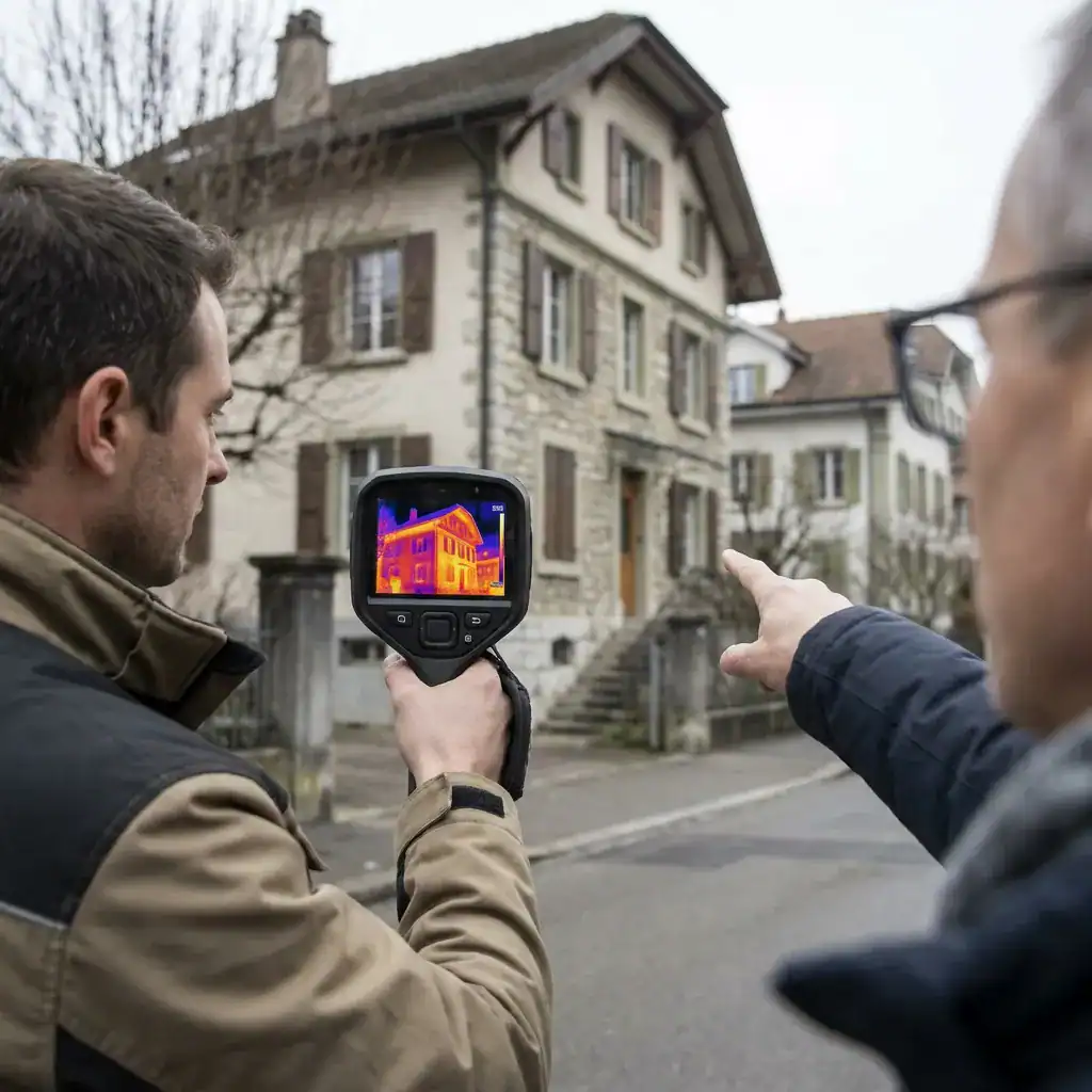 Thermomètre infrarouge montrant une maison ancienne en thermal imaging.