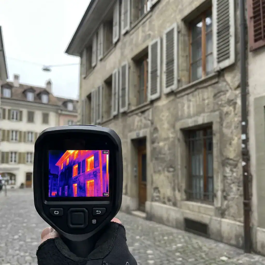 Caméra thermique montrant une façade en pierre avec fenêtres et volets en bois.
