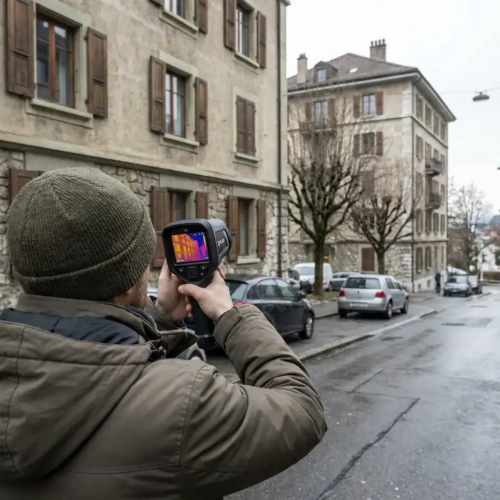 Personne utilisant une caméra thermique pour analyser une façade de bâtiment.