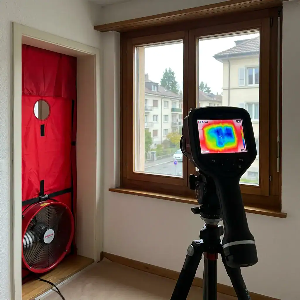 Fenêtre en bois avec appareil thermique devant, vue extérieure d'immeubles résidentiels.