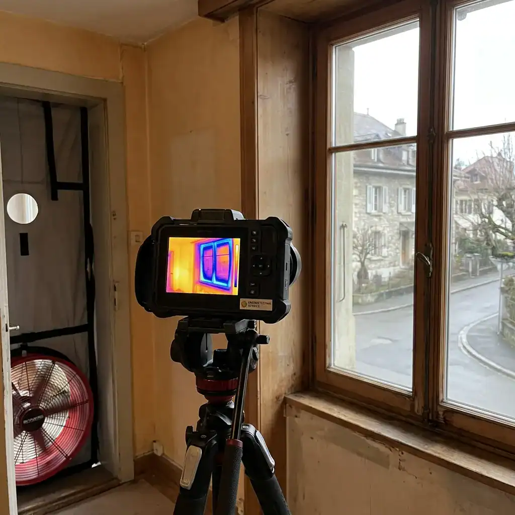 Caméra thermique pointée vers une fenêtre en bois.