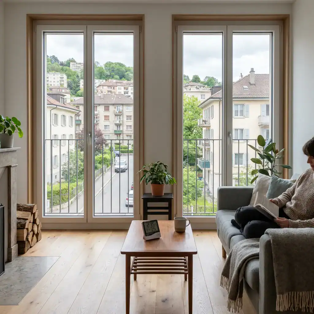 Deux grandes fenêtres en bois avec vue sur des bâtiments et des arbres.
