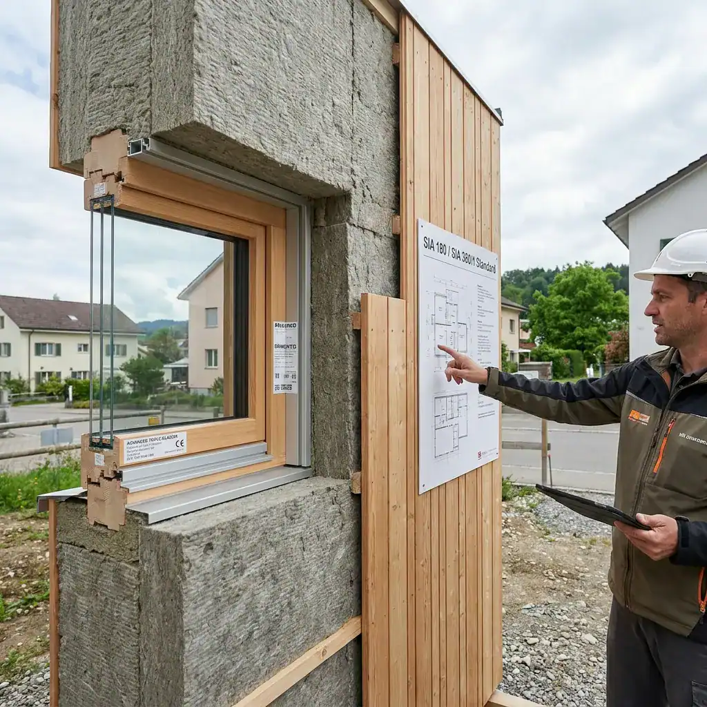Fenêtre en bois encadrée par un mur en béton en construction.
